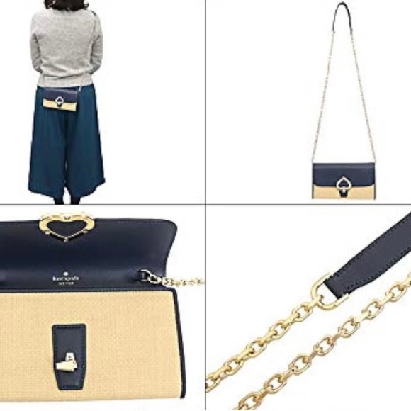 NEW* Kate Spade Robyn Straw HandBag Nightcap Flap Chain Wallet Clutch Navy Logo - Picture 13 of 15